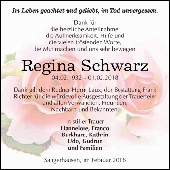 Traueranzeige von Regina Schwarz von Super Sonntag SGH Mansf. Land