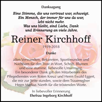 Traueranzeige von Reiner Kirchhoff von WVG - Wochenspiegel NMB / WSF / ZTZ