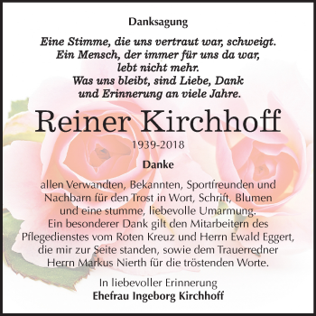 Traueranzeige von Reiner Kirchhoff von Mitteldeutsche Zeitung Weißenfels