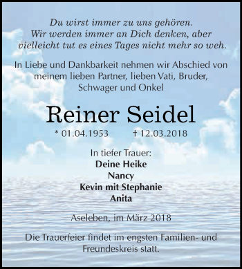 Traueranzeige von Reiner Seidel von Super Sonntag SGH Mansf. Land