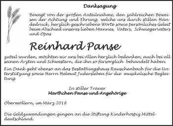 Traueranzeige von Reinhard Panse von WVG - Wochenspiegel NMB / WSF / ZTZ