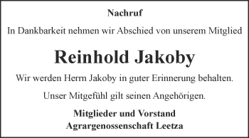 Traueranzeige von Reinhold Jakoby von Super Sonntag Wittenberg