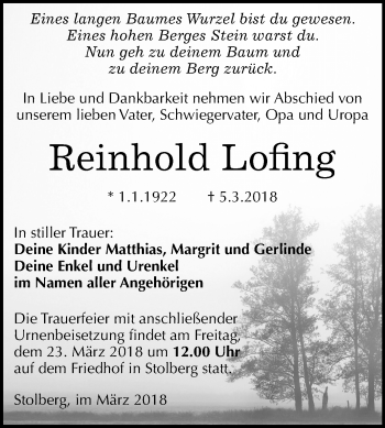 Traueranzeige von Reinhold Lofing von Mitteldeutsche Zeitung