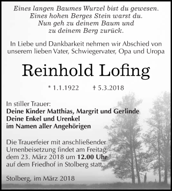 Traueranzeige von Reinhold Lofing von Super Sonntag SGH Mansf. Land