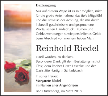 Traueranzeige von Reinhold Riedel von Super Sonntag Merseburg