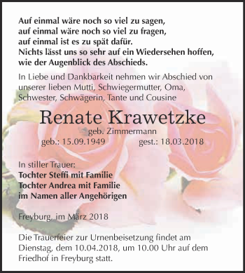 Traueranzeige von Renate Krawetzke von WVG - Wochenspiegel NMB / WSF / ZTZ