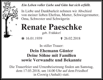 Traueranzeige von Renate Paeschke von WVG - Wochenspiegel Dessau / Köthen