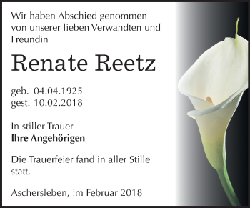 Traueranzeige von Renate Reetz von Mitteldeutsche Zeitung Aschersleben