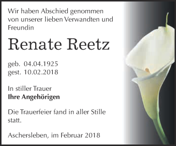 Traueranzeige von Renate Reetz von Super Sonntag Aschersleben