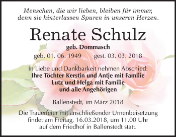Traueranzeige von Renate Schulz von Mitteldeutsche Zeitung Quedlinburg