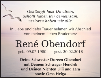 Traueranzeige von Rene Obendorf von Mitteldeutsche Zeitung Halle/Saalkreis