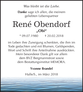 Traueranzeige von Rene Obendorf von Mitteldeutsche Zeitung Halle/Saalkreis