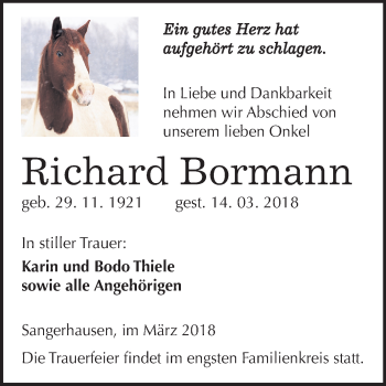 Traueranzeige von Richard Bormann von Mitteldeutsche Zeitung Sangerhausen