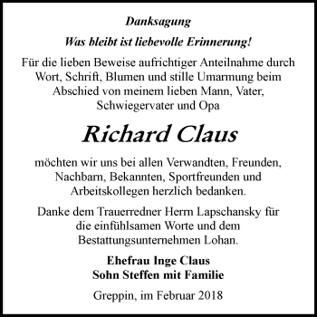 Traueranzeige von Richard Claus von Mitteldeutsche Zeitung Bitterfeld