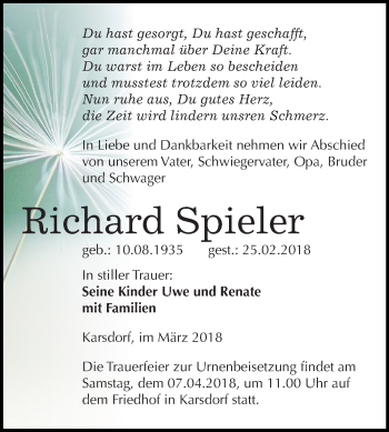 Traueranzeige von Richard Spieler von Mitteldeutsche Zeitung