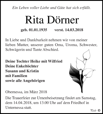 Traueranzeige von Rita Dörner von WVG - Wochenspiegel NMB / WSF / ZTZ