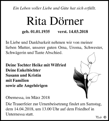 Traueranzeige von Rita Dörner von Mitteldeutsche Zeitung Weißenfels