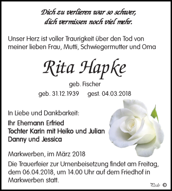 Traueranzeige von Rita Hapke von Mitteldeutsche Zeitung Weißenfels