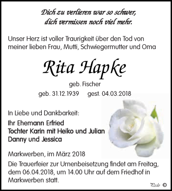 Traueranzeige von Rita Hapke von WVG - Wochenspiegel NMB / WSF / ZTZ