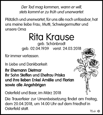 Traueranzeige von Rita Krause von Mitteldeutsche Zeitung Zeitz
