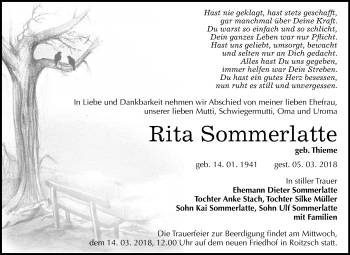 Traueranzeige von Rita Sommerlatte von Mitteldeutsche Zeitung Bitterfeld