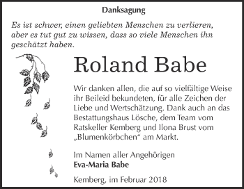 Traueranzeige von Roland Babe von WVG - Wochenspiegel Wittenberg