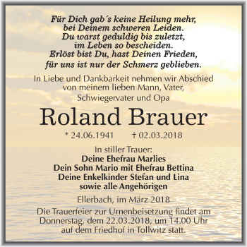 Traueranzeige von Roland Brauer von Mitteldeutsche Zeitung Merseburg/Querfurt
