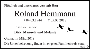 Traueranzeige von Roland Hemmann von Super Sonntag Zeitz