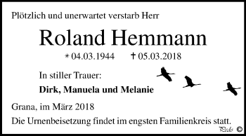 Traueranzeige von Roland Hemmann von Mitteldeutsche Zeitung Zeitz