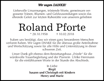 Traueranzeige von Roland Pforte von WVG - Wochenspiegel Dessau / Köthen