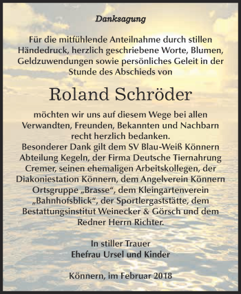 Traueranzeige von Roland Schröder von Super Sonntag Bernburg