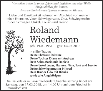 Traueranzeige von Roland Wiedemann von Super Sonntag Wittenberg