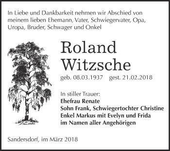 Traueranzeige von Roland Witzsche von WVG - Wochenspiegel Bitterfeld