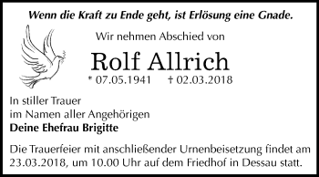 Traueranzeige von Rolf Allrich von Mitteldeutsche Zeitung Dessau-Roßlau