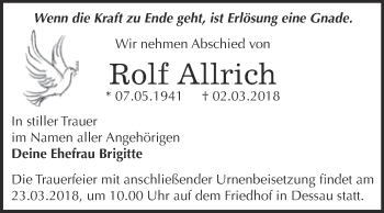 Traueranzeige von Rolf Allrich von WVG - Wochenspiegel Dessau / Köthen