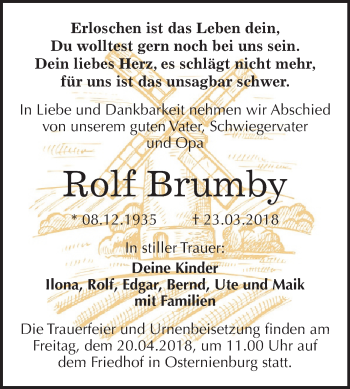 Traueranzeige von Rolf Brumby von Mitteldeutsche Zeitung