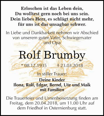 Traueranzeige von Rolf Brumby von WVG - Wochenspiegel Dessau / Köthen