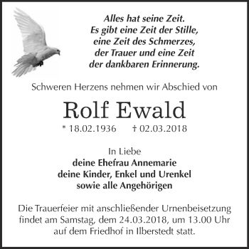 Traueranzeige von Rolf Ewald von Super Sonntag Bernburg