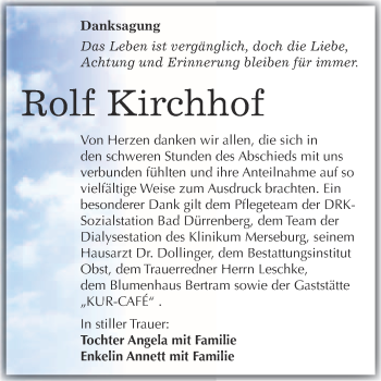 Traueranzeige von Rolf Kirchhof von Super Sonntag Merseburg