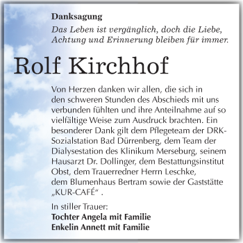 Traueranzeige von Rolf Kirchhof von Mitteldeutsche Zeitung Merseburg/Querfurt