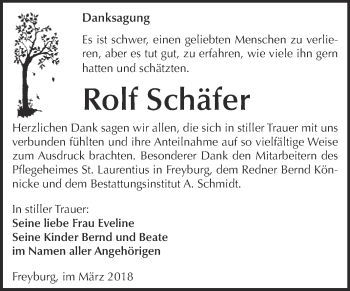 Traueranzeige von Rolf Schäfer von WVG - Wochenspiegel NMB / WSF / ZTZ