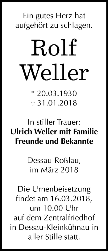 Traueranzeige von Rolf Weller von Mitteldeutsche Zeitung Dessau-Roßlau