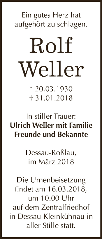Traueranzeige von Rolf Weller von WVG - Wochenspiegel Dessau / Köthen