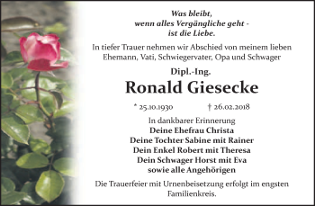 Traueranzeige von Ronald Giesecke von WVG - Wochenspiegel Bitterfeld