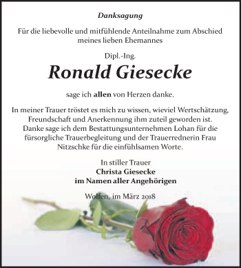 Traueranzeige von Ronald Giesecke von WVG - Wochenspiegel Bitterfeld