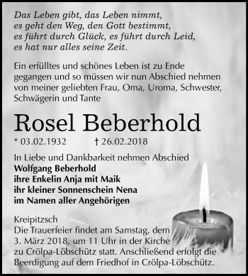 Traueranzeige von Rosel Beberhold von Mitteldeutsche Zeitung