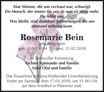 Traueranzeige von Rosemarie Bein von Mitteldeutsche Zeitung Bernburg