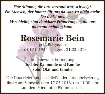 Traueranzeige von Rosemarie Bein von Super Sonntag Bernburg