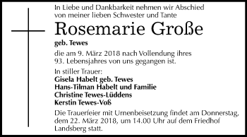 Traueranzeige von Rosemarie Große von Mitteldeutsche Zeitung Halle/Saalkreis