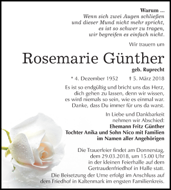 Traueranzeige von Rosemarie Günther von Mitteldeutsche Zeitung Halle/Saalkreis